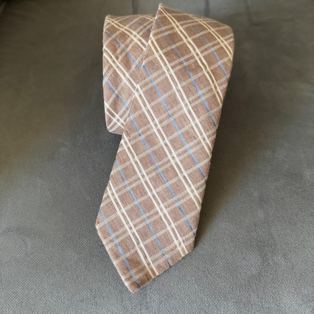 Joseph Abboud Mens Brown Plaid Linen Cotton Silk Blend Necktie 3.25 Inch Width